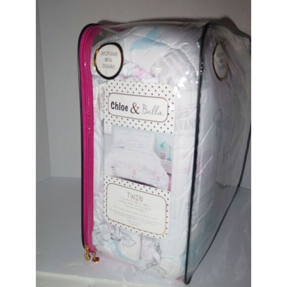 Chloe & Bella TWIN 3 Piece Comforter Set Paris Eiffel Tower Bicycle Pink Blue - Picture 6 of 12